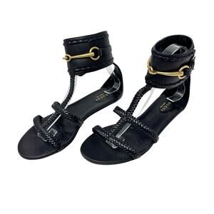 Gucci Horsebit Gladiator Sandals Braided Leather Ankle Cuff Size 37 Black